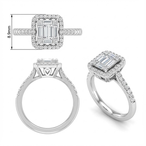 Elegant 18K Solid White Gold Baguette Diamond Ring Emerald Cut Illusion Mosaic Cluster Geometric Halo Customized Initial & Name - Product Image 5