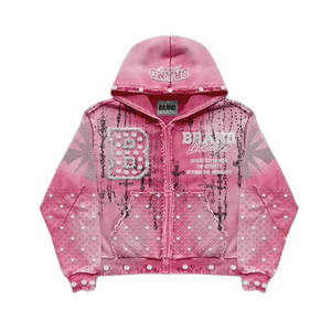 Custom <b>Pink</b> Acid Wash Rhinestone <b>Tracksuit</b> Y2K Streetwear Flared Sweatpants and Zip Up Hoodie Set Distressed Vintage Outfits - Product Image 3