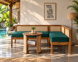 Wood Rattan Garden Sofa Set Corner <b>Bench</b> <b>Cushioned</b> <b>Outdoor</b> Lounge Seating Tropical Style Patio Furniture - Product Image 2