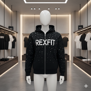 Sweat à capuche noir zippé avec logo Rexfit pour homme, streetwear premium, fermeture éclair en strass, look moderne, usage quotidien, sweat à capuche personnalisé - Product Image 1