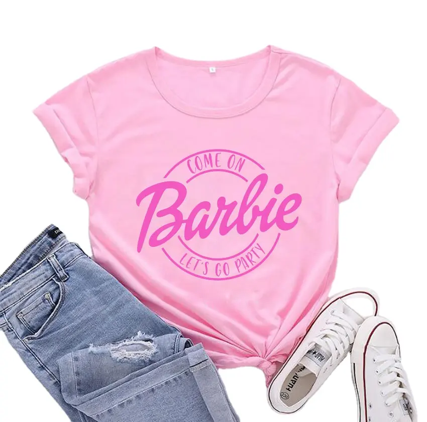 Neue Mode Cartoon Barbie T-Shirts Custom Print Logo Baumwolle T-Shirts Frauen Kinder T-Shirt lassen Sie uns zu Party Breath able gehen