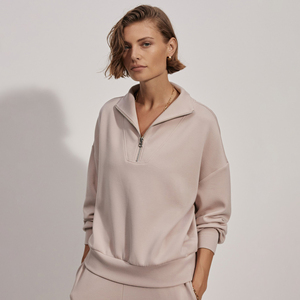 Women's Oversized Gym Sweatshirt Half Quarter Zip Custom Logo Embossed Mock Neck Loose Fit-Plus Size Winter Sports Workouts - Product Image 1