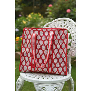 Sac fourre-tout en coton rouge pour femme, style bohème, motif feuille de paix, broderie lettre, chaînes, grande capacité, usage quotidien, fermeture ouverte, tendance - Product Image 2