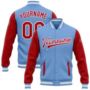 Vente en gros dans l'industrie directe de bombardiers décontractés d'hiver personnalisés bleu clair rouge-blanc veste bicolore Varsity Letterman - Product Image 1