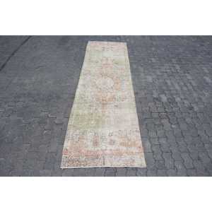 Vintage Rug, 3.1x10.3 ft <b>Runner</b> Rug, <b>Green</b> Brown Wool Rug - Product Image 1
