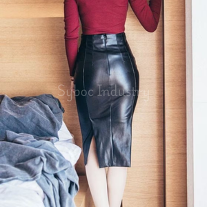 Jupe en cuir moulante pour femme en cuir véritable noir taille haute crayon coupe ajustée longueur au genou jupe en cuir moulante pour tenue de fête - Product Image 2