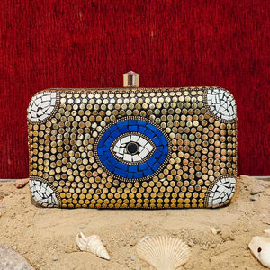Handcrafted Evil Eye Mosaic <b>Clutch</b> <b>Bag</b> with Mother of <b>Pearl</b> Inlay Gold Tone Metal Work Luxury Evening Party Handbag for women - Product Image 1