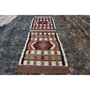 Classic Vintage Turkish <b>Wool</b> Kilim Rug Beige <b>Red</b> Patchwork Design 3.3 X 9.6 ft Rectangle Flat Weave Technique Latex for - Product Image 1