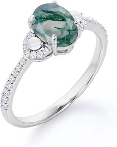 Anillo de Compromiso Clásico para Mujer, Plata de Ley 925, con Ágata Musgosa Natural, Corte Ovalado, Engaste de Garras, Fino - Product Image 1