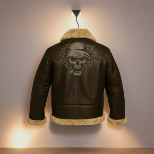 Premium Quality <b>Men's</b> Brown Shearling Leather Bomber <b>Jacket</b> Winter <b>Smart</b> Skull Print Stylish Winter Wear Pure Leather <b>Jacket</b> - Product Image 2