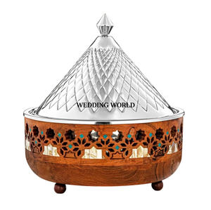 Olla de madera con incrustaciones de nácar, cacerola redonda hecha a mano de primera calidad, calentador de alimentos metálico de diseño. - Product Image 1