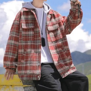 แจ็กเก็ตมีฮู้ดผ้าวูลลายสก็อตสำหรับผู้ชายเสื้อแจ็กเก็ตมอเตอร์ไซค์สไตล์ลำลองทรงหลวมยาวปกติสำหรับฤดูใบไม้ผลิฤดูใบไม้ร่วง - Product Image 1