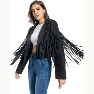 Chaquetas de Cuero Sintético al por Mayor, Chaquetas de Cuero Genuino con Flecos para Mujer, Chaqueta Corta de Motociclista con Borlas de Moda - Product Image 4