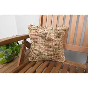 Beige Wool Kantha Patchwork <b>Pillow</b> 12x12 Inch Boho Woven Embroidered Printed Floral Square Vintage Design Rustic Floor <b>Christmas</b> - Product Image 1