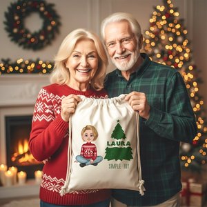Sac cadeau personnalisé avec cordon de serrage, motif de personnage de dessin animé mignon, arbre de Noël, texte personnalisé, nom pour enfants, famille, rangement fonctionnel - Product Image 4
