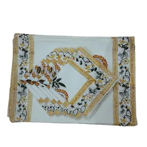 Tapis de Table et de serviette en coton indien à imprimé Floral, ensemble de 6 pièces et 6 tapis, à la main, nouveau - Product Image 1