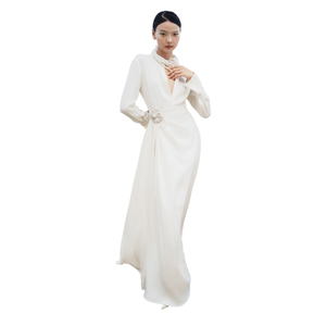 Robes pour femmes de haute qualité robe Maxi ornée de Jenny à manches longues 77% acétate 23% sacs en papier de polyester grossiste blanc - Product Image 1