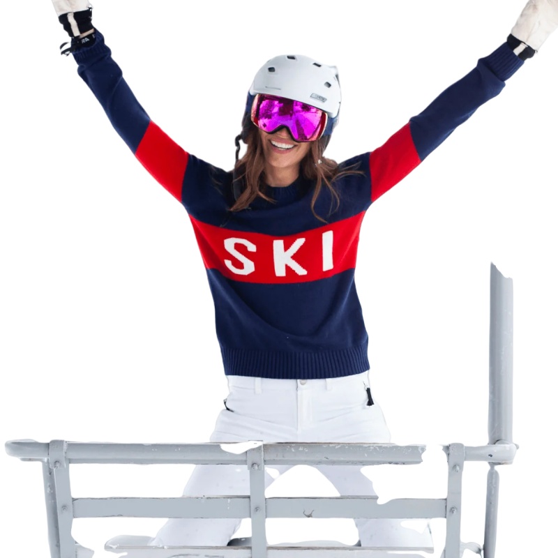 Custom Letter Jacquard Logo Soft Merino Wool Blend Ski Knit Woman Sweater Crew Neck Winter Outdoor Sports Warm Colorblock OEM