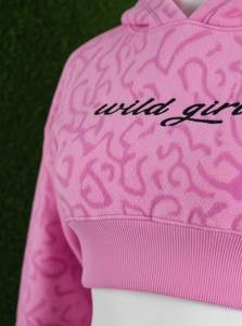 Pink Flock Print Crop Hoodie <b>Set</b> Women's Textured Full Sleeve Active Stretch Mini Skirt Outfit - Product Image 6