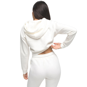 Sweat-shirt à capuche court blanc pour femme, en molleton décontracté, couleur unie, manches longues, pour l'automne - Product Image 2