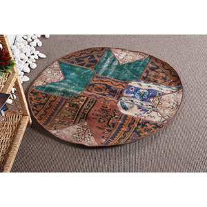 Alfombra turca vintage Bohemia verde marrón 3,2x3,2 pies Patchwork lana sala de estar alfombra con respaldo de látex - Product Image 4