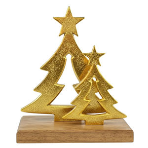 Escultura Moderna de Árbol de Navidad de Metal Dorado con Base de Madera, Elegante Adorno Decorativo de Hierro y Madera para Mesa de Interior - Product Image 1