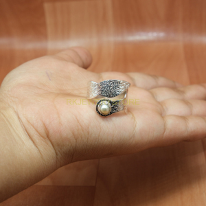 Natural Fresh Water Pearl Stone Pure 925 Sterling Silver <b>Ring</b> Statement <b>Ring</b> <b>Adjustable</b> <b>Ring</b> Hammered <b>Ring</b> Jewelry Gift for Her - Product Image 1