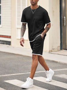 Ensemble de t-shirts et shorts en coton 100% personnalisé en gros, décontracté, respirant, tricoté, à manches courtes pour hommes - Product Image 4