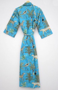 Bata de baño estampada con bloque de mano Floral bohemio para mujer 100% algodón Maxi vestido estilo Kimono libre térmico verano ropa de playa tejida - Product Image 5