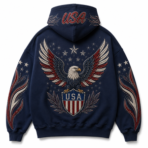 Sweat à capuche homme en molleton épais 100 % coton, coupe courte, épaules tombantes, avec strass et broderie chenille - Product Image 3