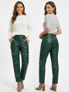 Pantalons droits en similicuir de mode décontractée streetwear en gros, taille haute, fermeture éclair, extensible, logo en relief personnalisé, pantalons en cuir - Product Image 4