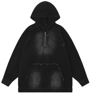 Unisex Men's Winter Vintage Full Zipper Distressed Acid Wash <b>Denim</b> Fleece Lined Custom Printed High Quality Hoodie <b>Jacket</b> - Product Image 2