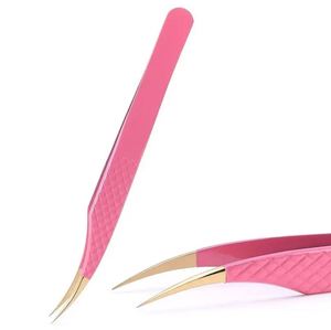 Pinces à épiler professionnelles en forme de L pour extensions de cils 3D, revêtement en poudre rose, outils incurvés pour l'application de volume - Product Image 4