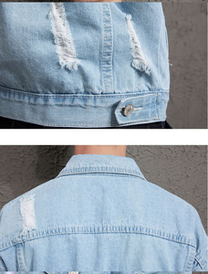 Automne hiver à la mode hommes veste en jean avec déchiré mince conception peau de mouton cuir hommes jean Outwear Cowboy manteau - Product Image 4