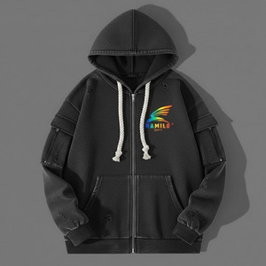 เสื้อฮู้ดดี้โอเวอร์ไซส์สำหรับผู้ชาย HAMILO แบบมีซิป สีพื้น ผ้าฝ้ายเฟรนช์เทอร์รี่ สวมใส่สบายๆ สำหรับฤดูใบไม้ร่วง มีกระเป๋าหน้าและโลโก้ - Product Image 6