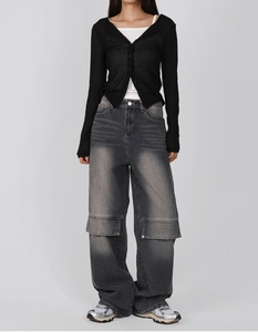 Pantalones Vaqueros Anchos de Pierna Ancha para Mujer HOOR, con Parche en la Rodilla y Tirantes en la Espalda, Elegantes, Casuales, Modernos, para Uso Diario, 2 Colores - Product Image 3