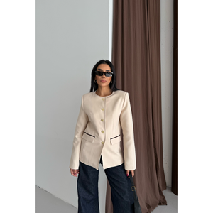 Chaqueta Balzer Beige con Cuello Redondo y Detalle de Ribete en los Bolsillos para Mujer - Product Image 4