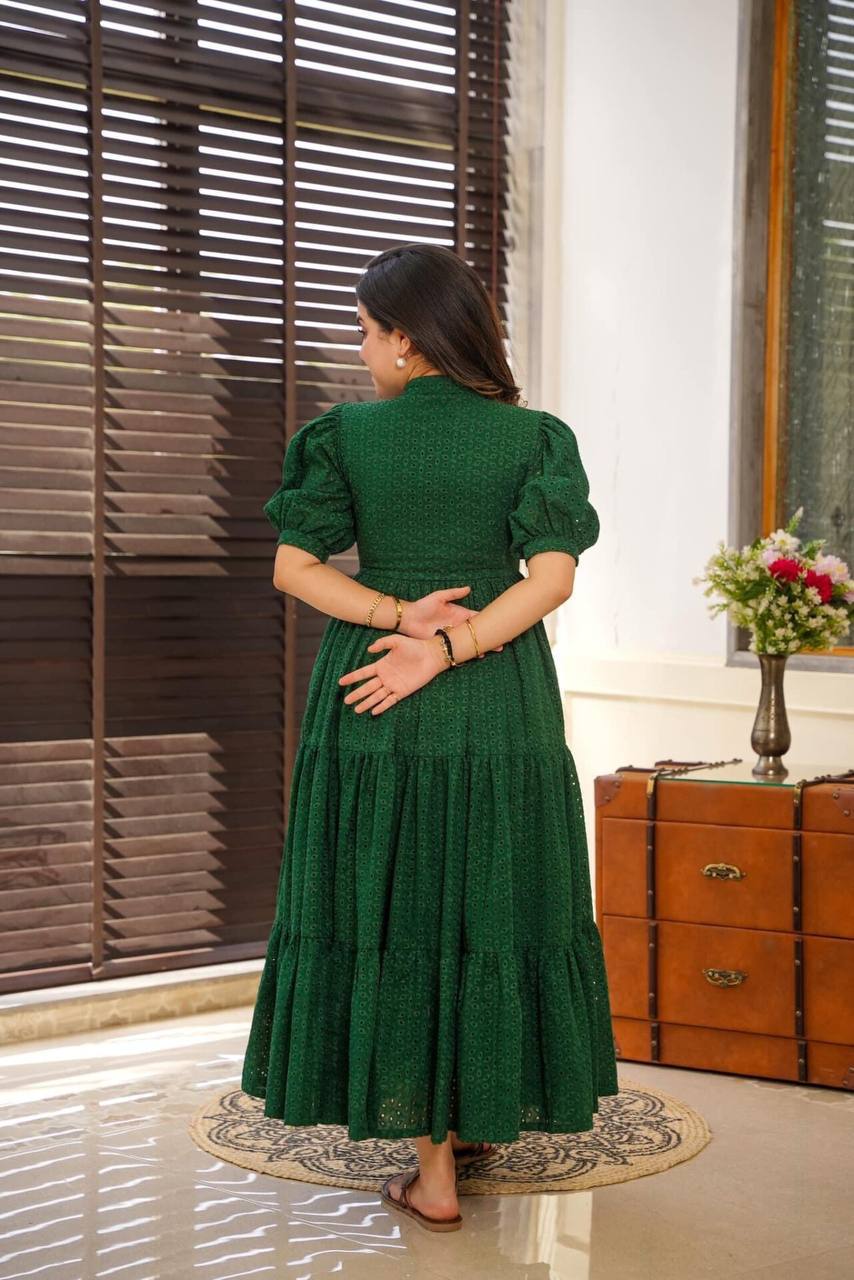 green georgette dress Heavy Designer Gown in Bottle Green Georgette With Sequence Embroidery –  subhvastra main image 1