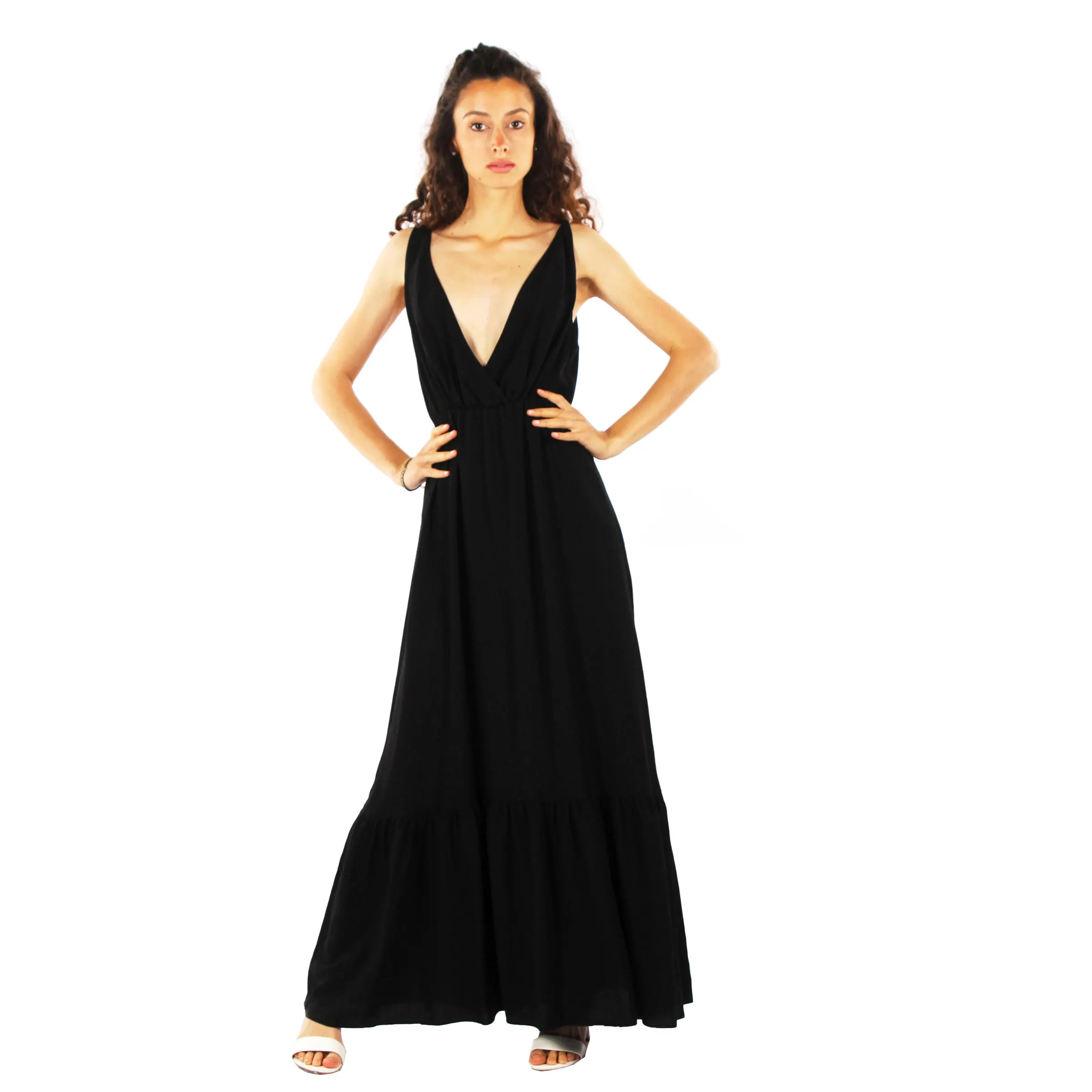 Robe longue noire élégante robe à col en V avec volants fluides Luxueux Viscose Lin Élégance et polyvalence taille petit