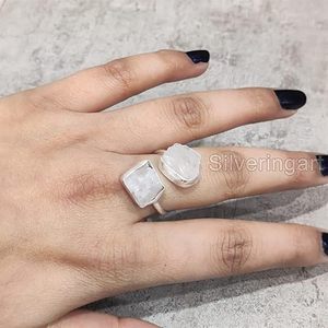 Rough Women's <b>Ring</b> Natural Rainbow Moonstone June Birthstone Double Stone <b>Adjustable</b> Handmade Jewelry 925 <b>Sterling</b> <b>Silver</b> <b>Ring</b> - Product Image 5