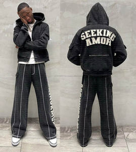 Sweatsuits 2pcs Jogging <b>Suits</b> Zip up Applique Embroidery Cotton Acid Wash Tracksuit Cargo Flare Sweatpants and Hoodie Jogger Set - Product Image 5