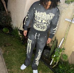 Ensemble de pantalons de survêtement à capuche surdimensionnés délavés à l'acide unisexe personnalisée Survêtement d'hiver sérigraphié à épaules tombantes et à ourlet court brut - Product Image 3