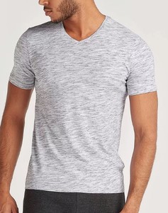 Camiseta de punto con cuello en V de 220g, manga corta de algodón 100%, estilo informal teñido liso en blanco, patrón sólido - Product Image 1