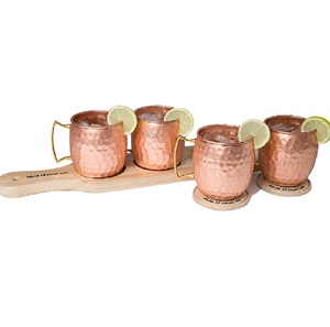 Copper Mug Wholesale Pure Copper Gift Mugs Set with Wooden Tray <b>Coasters</b> Stylish Gold Plated Handle for Kitchen Use - Product Image 1