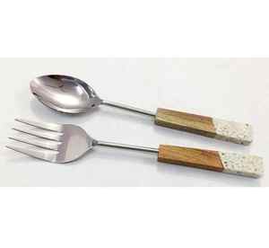 Utensilio de Cocina Ecológico de Acero Inoxidable 18/8 Plateado para Servir Ensaladas con Cuentas Decorativas y Mango de Madera Terrazo - Product Image 1