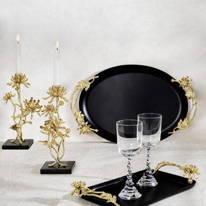 ถาดเสิร์ฟทรงรีสีดำสุดหรูพร้อมที่จับดอกไม้สีทองสำหรับตกแต่งโต๊ะอาหารของตกแต่งบ้านของขวัญ - Product Image 2