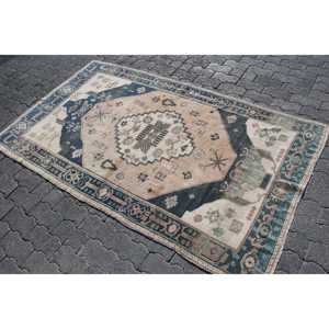 Tapis de 4,1 x 6,9 pieds, tapis vintage, tapis abstrait turc en laine bleue - Product Image 2