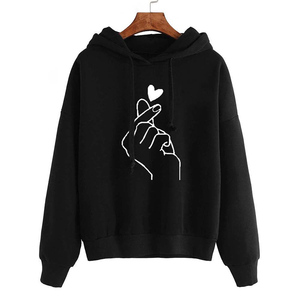Autumn Korean Fashion Long Sleeve <b>Top</b> Solid Color 100% Cotton Fleece Hoodie Finger <b>Heart</b> Design Drawstring Pockets Loose Fit - Product Image 1