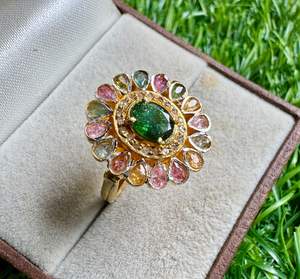 Natural Multi Tourmaline Gemstone with Diamond <b>Vintage</b> Flower Design 925 Sterling Silver <b>Gold</b> Plated Cocktail <b>Ring</b> - Product Image 5