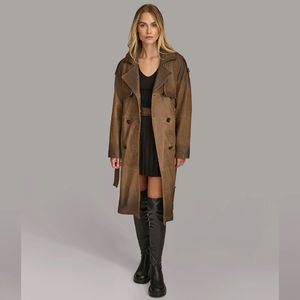Veste en cuir véritable de haute qualité pour femmes grande taille Trench-Coat long avec décoration de boutons de style décontracté et doublure en soie - Product Image 4